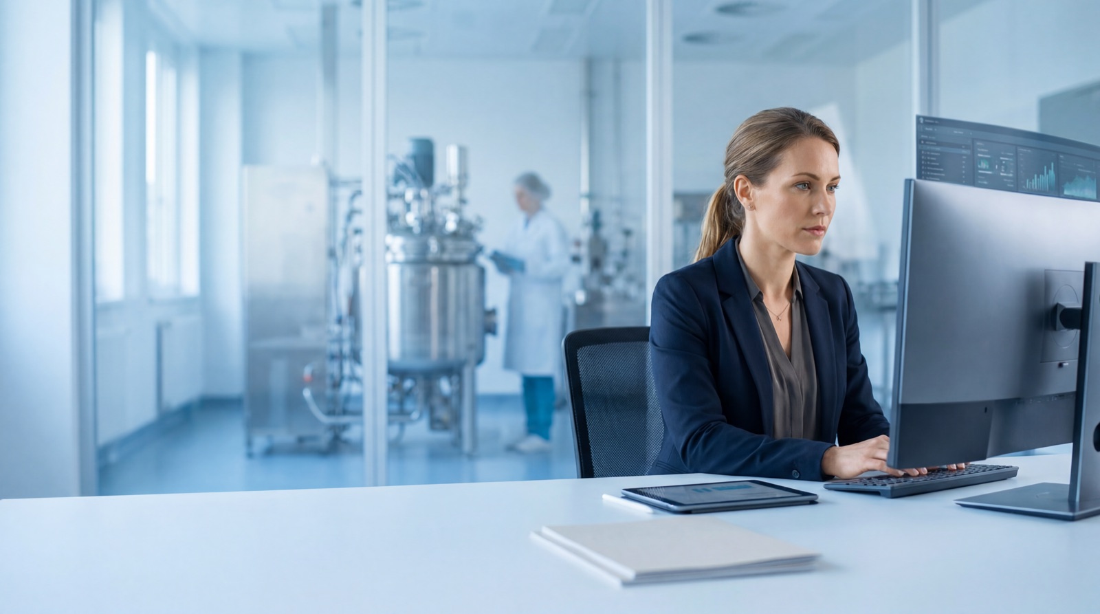 Qualitätsmanagement in der pharmazeutischen Herstellung: Arbeitsplatz mit Blick auf die Produktionsanlage