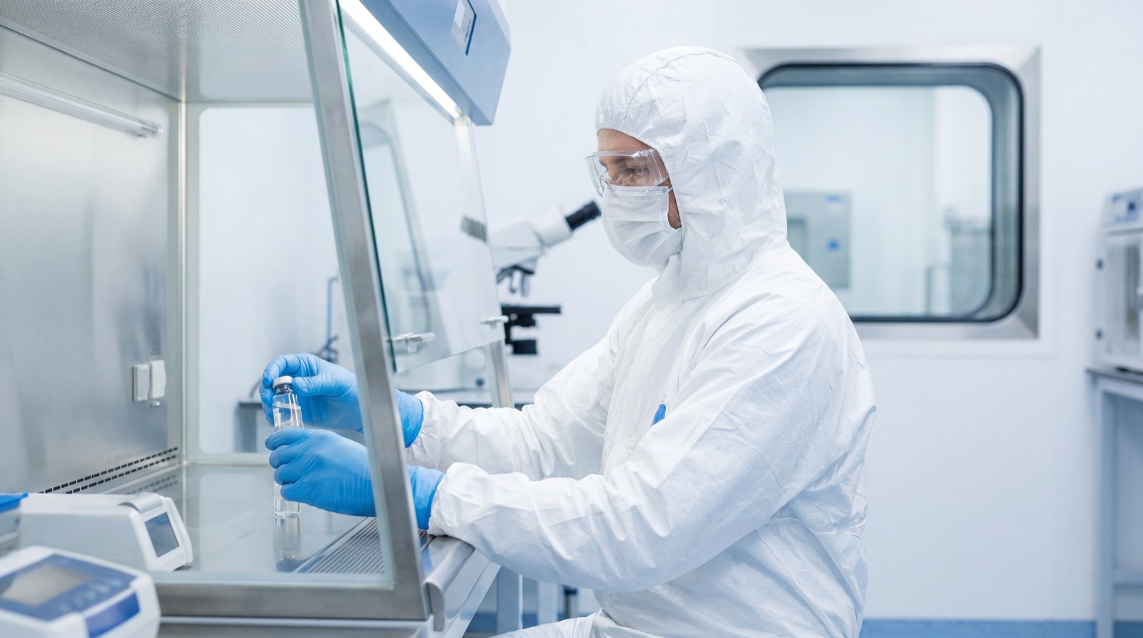 Cleanroom laboratory: working in cleanroom apparel at the safety cabinet